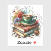 ヴィンテージの書籍、花とコーヒーまたは紅茶 シール (シート)