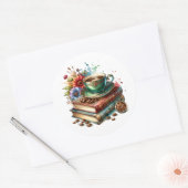 ヴィンテージの書籍、花とコーヒーまたは紅茶 ラウンドシール (封筒)