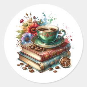 ヴィンテージの書籍、花とコーヒーまたは紅茶 ラウンドシール