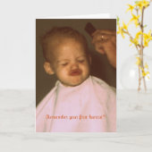 ヴィンテージの最初ヘアカットのおもしろいな誕生日の挨拶状 カード (黄色い花)