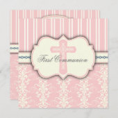 ヴィンテージの最初聖餐のピンクのダマスク織の招待状 招待状 (正面/裏面)