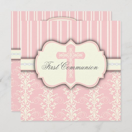 ヴィンテージの最初聖餐のピンクのダマスク織の招待状 招待状 (正面/裏面)