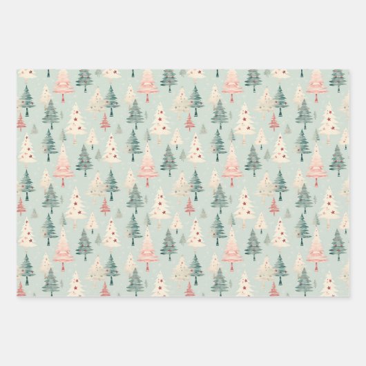 ヴィンテージの木々の森ピンクガーリーのクリスマス ラッピングペーパーシート (正面2)