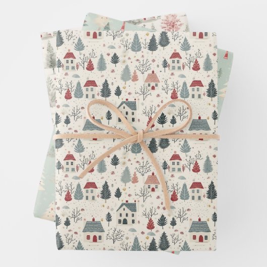 ヴィンテージの木々の森ピンクガーリーのクリスマス ラッピングペーパーシート (インサイチュ)