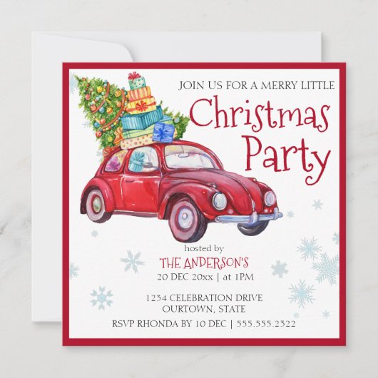 ヴィンテージの木と赤いベテルカー 招待状 (正面)