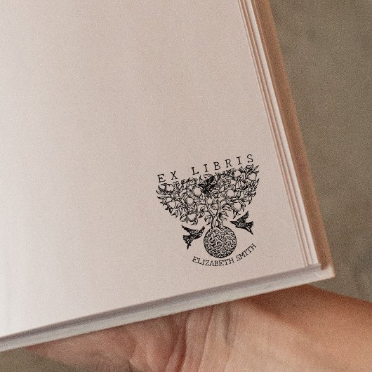 ヴィンテージの木と鳥の本Ex Libris ラバースタンプ