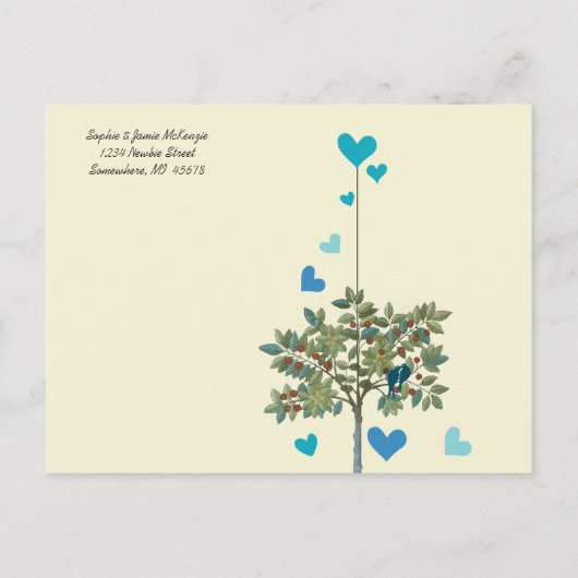 ヴィンテージの木のティール(緑がかった色)の鳥を移動 案内ポストカード (裏面)