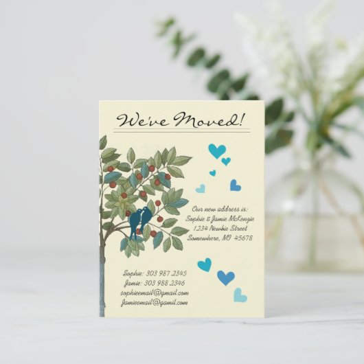 ヴィンテージの木のティール(緑がかった色)の鳥を移動 案内ポストカード (スタンド正面)