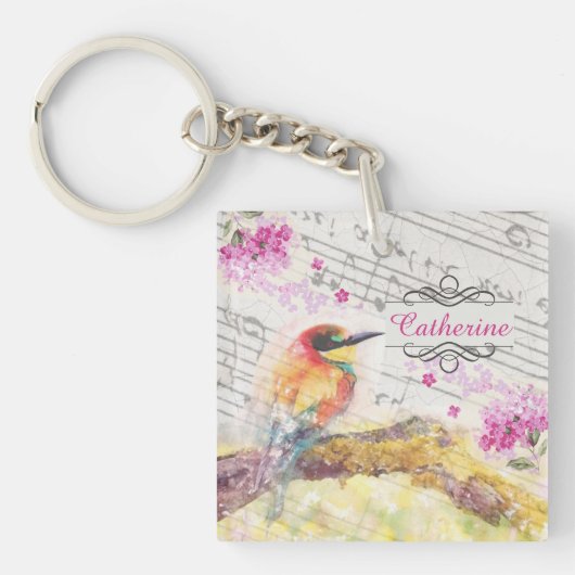 ヴィンテージの木のピンクの花の切り離し キーホルダー (正面)