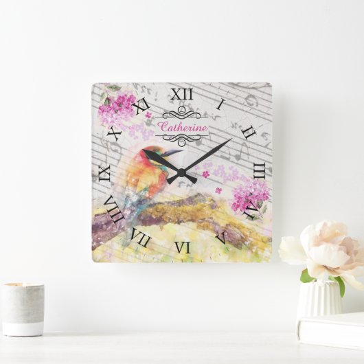 ヴィンテージの木のピンクの花の切り離し スクエア壁時計 (ホーム)
