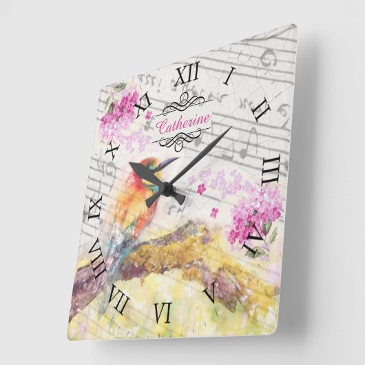 ヴィンテージの木のピンクの花の切り離し スクエア壁時計 (傾斜)