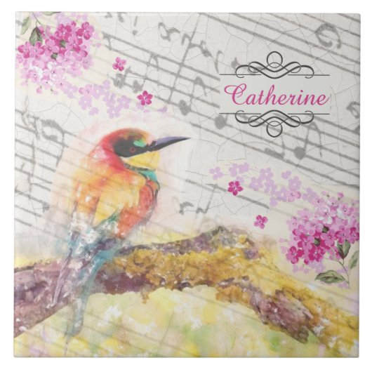 ヴィンテージの木のピンクの花の切り離し タイル (正面)