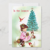 ヴィンテージの木の動物と子供のクリスマス シーズンカード (正面)