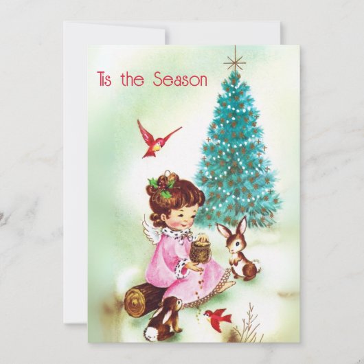 ヴィンテージの木の動物と子供のクリスマス シーズンカード (正面)