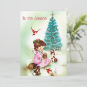 ヴィンテージの木の動物と子供のクリスマス シーズンカード (スタンド正面)