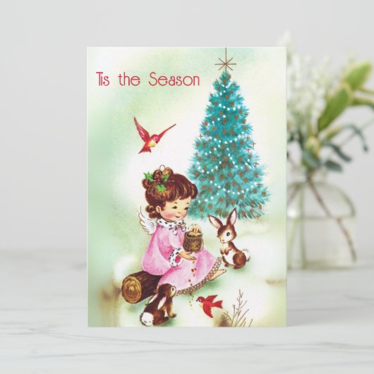 ヴィンテージの木の動物と子供のクリスマス シーズンカード (スタンド正面)