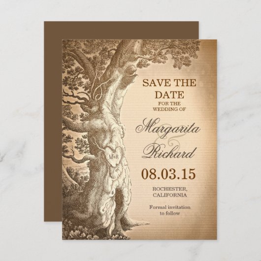 ヴィンテージの木の古く素朴な保存日付カード セーブザデート (正面/裏面)