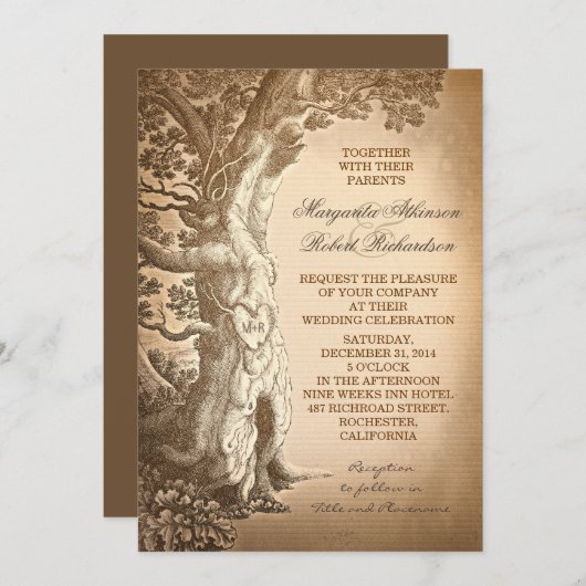 ヴィンテージの木の古く素朴な結婚式招待状 招待状 (正面/裏面)