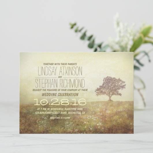 ヴィンテージの木の田舎の古い結婚式招待状 招待状 (スタンド正面)