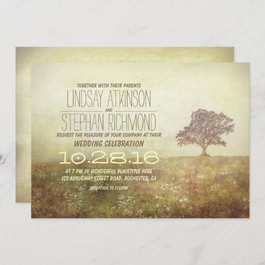 ヴィンテージの木の田舎の古い結婚式招待状 招待状 (正面/裏面)