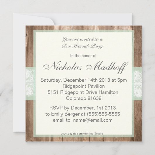 ヴィンテージの木製のぼろぼろのシックなバーの(ユダヤ教の)バル・ミツバーの招待状 招待状 (裏面)