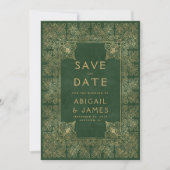 ヴィンテージの本のグリーンゴールドの結婚式のSave the Date 招待状 (正面)