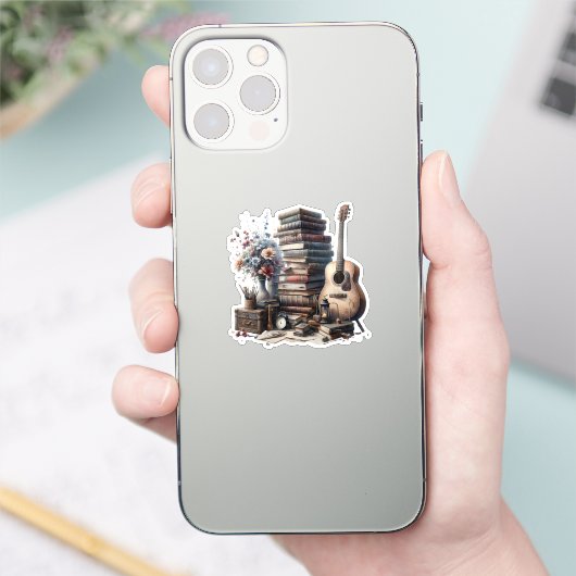 ヴィンテージの本、アコースティックギター、花瓶 シール (スマートフォン)