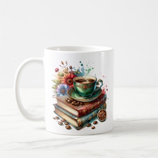 ヴィンテージの本、花とコーヒーまたは紅茶 コーヒーマグカップ (左)
