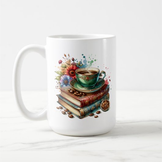 ヴィンテージの本、花とコーヒーまたは紅茶 コーヒーマグカップ (左)