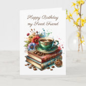 ヴィンテージの本、花とコーヒーフレンド誕生日 カード (黄色い花)