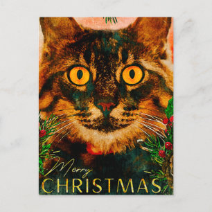 ヴィンテージの松の枝と葉の猫 メリークリスマス シーズンポストカード