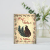 ヴィンテージの松ぼっくり 赤いカリグラフィー 幸せなホリデーシーズン シーズンポストカード (スタンド正面)