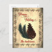 ヴィンテージの松ぼっくり 赤いカリグラフィー 幸せなホリデーシーズン シーズンポストカード (正面/裏面)