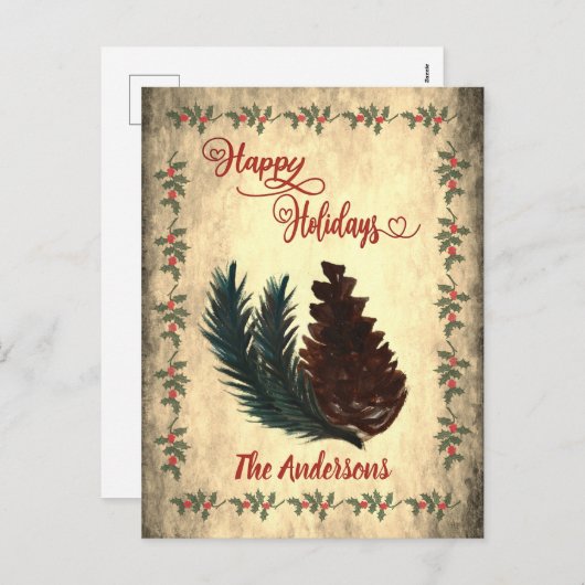 ヴィンテージの松ぼっくり 赤いカリグラフィー 幸せなホリデーシーズン シーズンポストカード (正面/裏面)