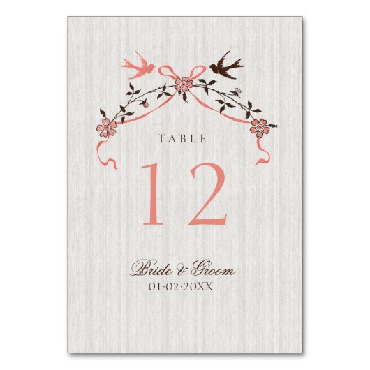 ヴィンテージの桜は結婚式のテーブルカードを飲み込みます テーブルナンバー (正面)