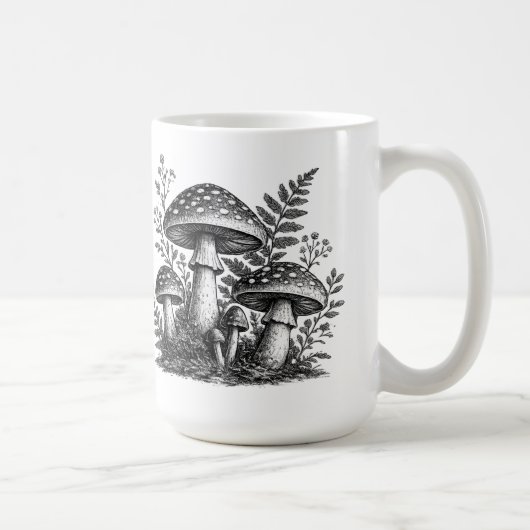 ヴィンテージの森のキノコの木版画 コーヒーマグカップ (右)