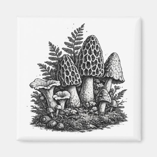 ヴィンテージの森のキノコの木版画 マグネット (正面)