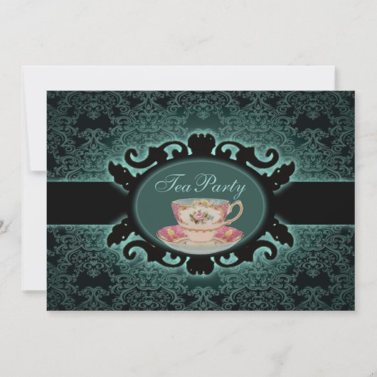 ヴィンテージの森のダマスクフローラティーカップ茶パーティー 招待状 (正面)