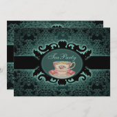 ヴィンテージの森のダマスクフローラティーカップ茶パーティー 招待状 (正面/裏面)