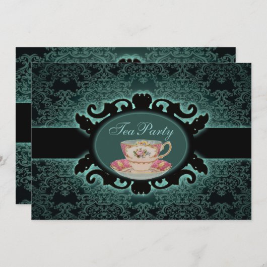 ヴィンテージの森のダマスクフローラティーカップ茶パーティー 招待状 (正面/裏面)
