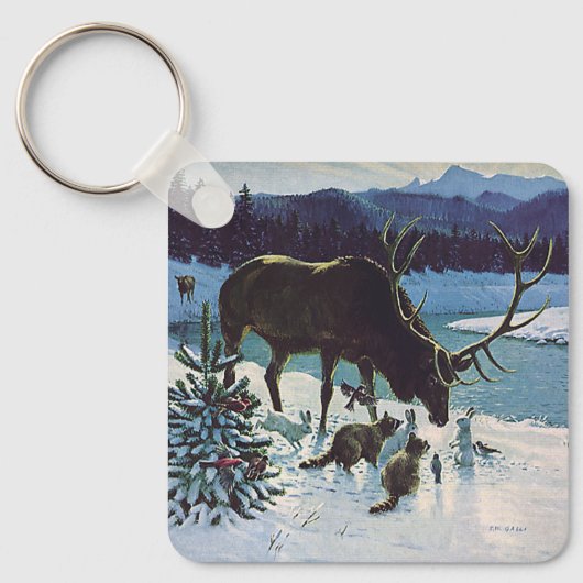 ヴィンテージの森の生き物と冬の雪のエルク キーホルダー (正面)