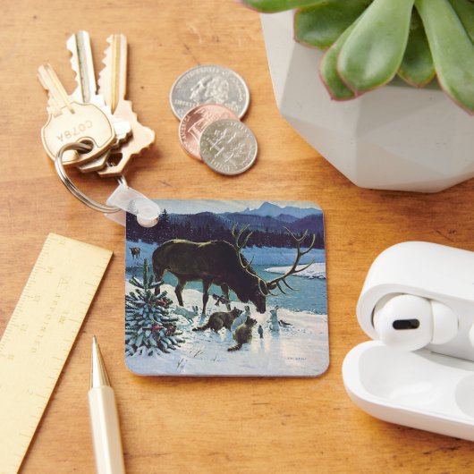 ヴィンテージの森の生き物と冬の雪のエルク キーホルダー (デスク)