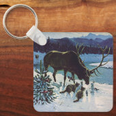 ヴィンテージの森の生き物と冬の雪のエルク キーホルダー (正面)