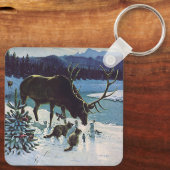 ヴィンテージの森の生き物と冬の雪のエルク キーホルダー (裏面)