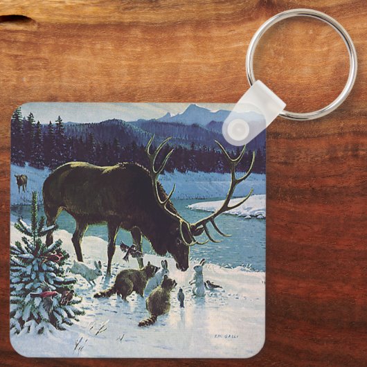 ヴィンテージの森の生き物と冬の雪のエルク キーホルダー (裏面)