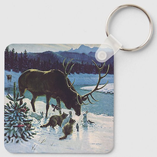 ヴィンテージの森の生き物と冬の雪のエルク キーホルダー (裏面)
