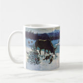 ヴィンテージの森の生き物と冬の雪のエルク コーヒーマグカップ (左)