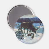 ヴィンテージの森の生き物と冬の雪のエルク マグネット (正面/裏面)