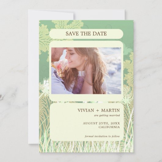 ヴィンテージの森の緑の風景結婚写真 セーブザデート (正面)