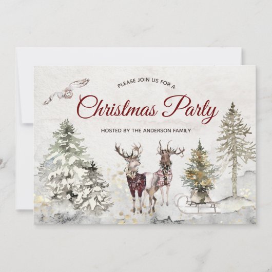 ヴィンテージの森の鹿の素朴クリスマスパーティー 招待状 (正面)